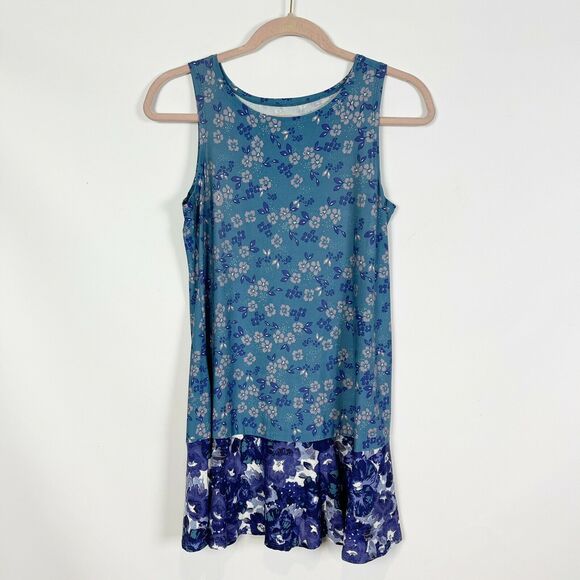 LOGO Layers Lori Goldsten Knit Tank XXS Blue Floral Double Layer Print NWOT - Picture 3 of 6